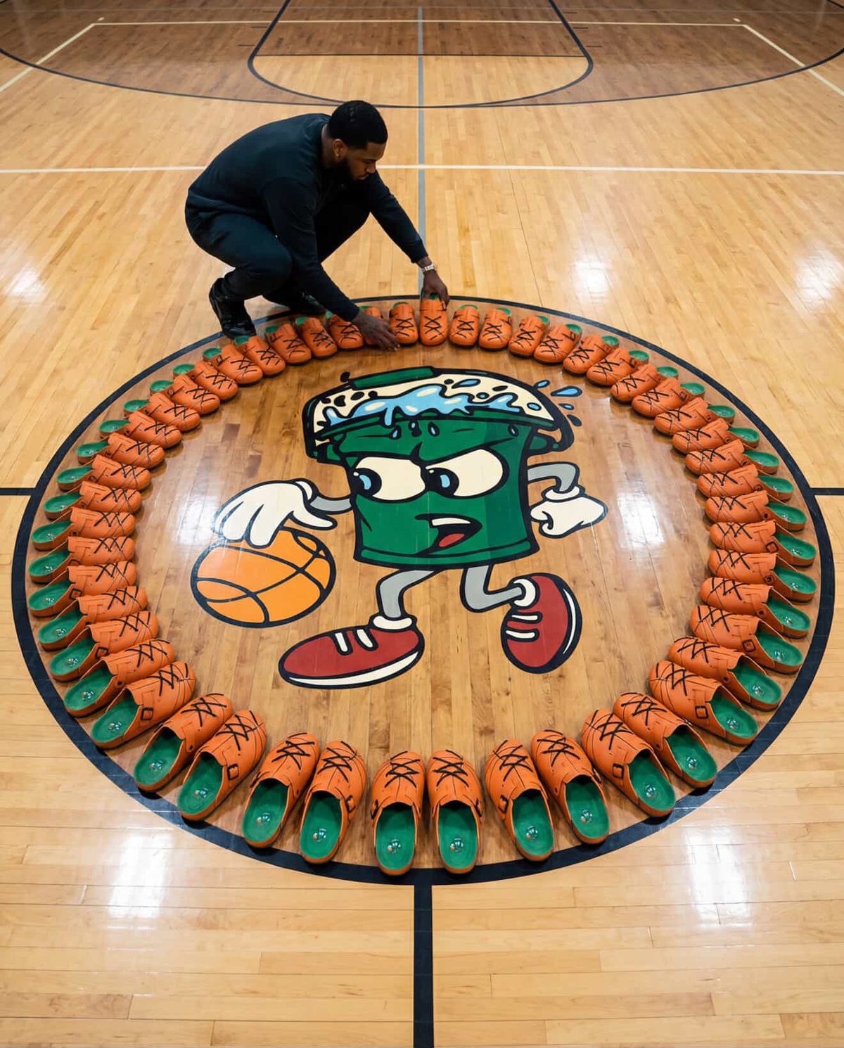 Rows of WB-001 clogs arranged in a circle on the court