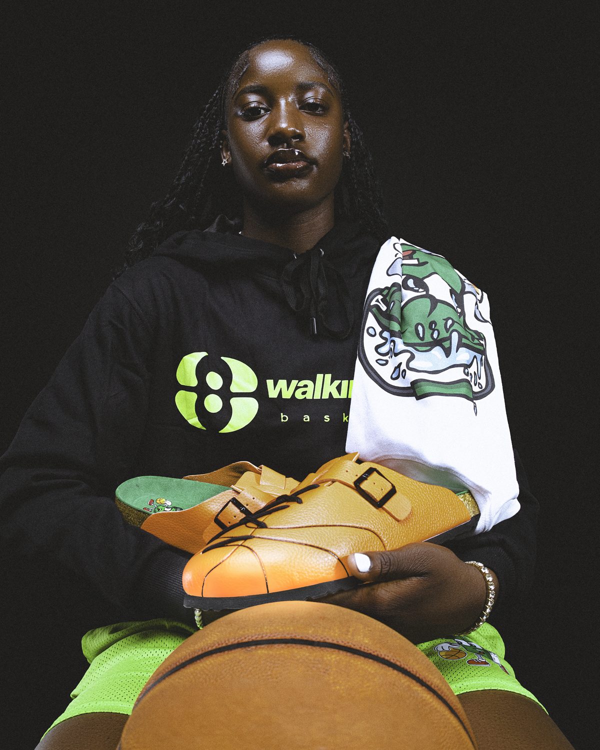 Model holding a yellow WB-001 clog sample